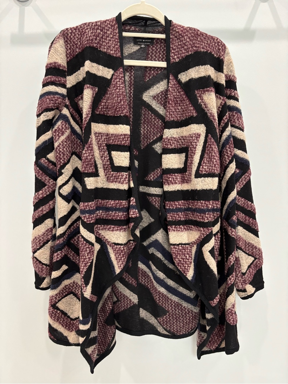 Lucky Brand Geometric Open-Front Cardigan - Plum, Black, Cream
